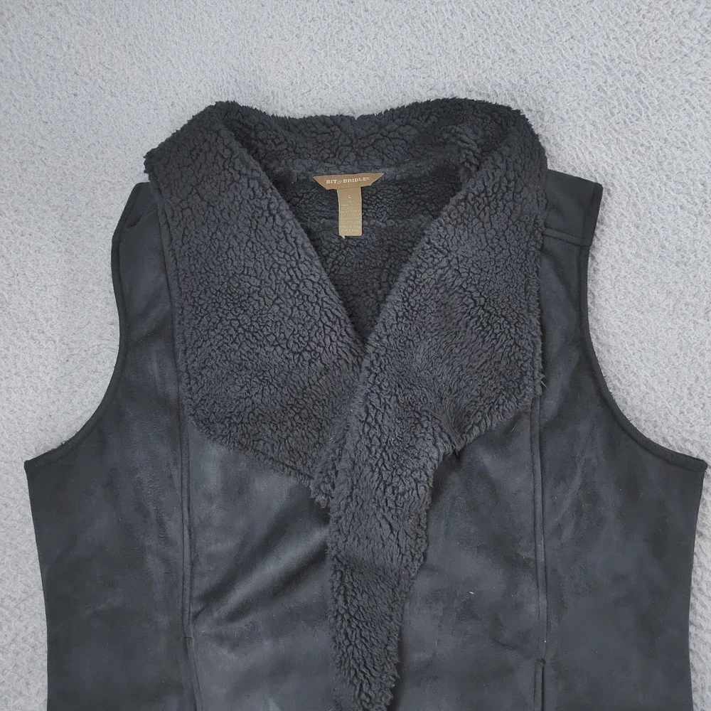 Bit & Bridle Vest Womens Large Black Faux Suede Leather Sherpa Collar Open Front
